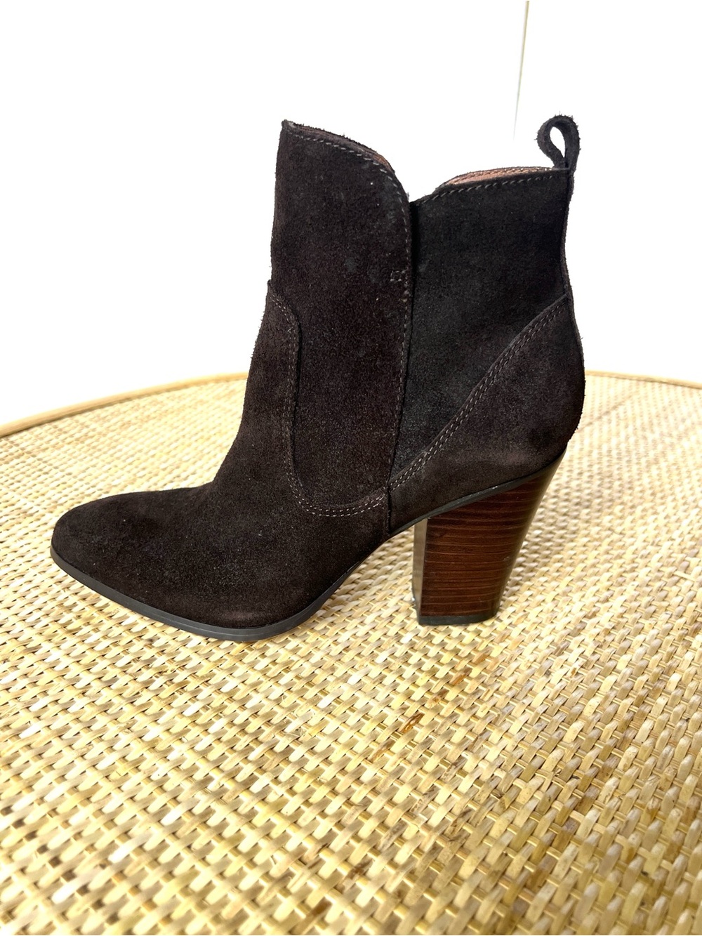 Donald J. Pliner Espresso Brown Suede Chunky Heel Ankle Boots Pointed Toe 6